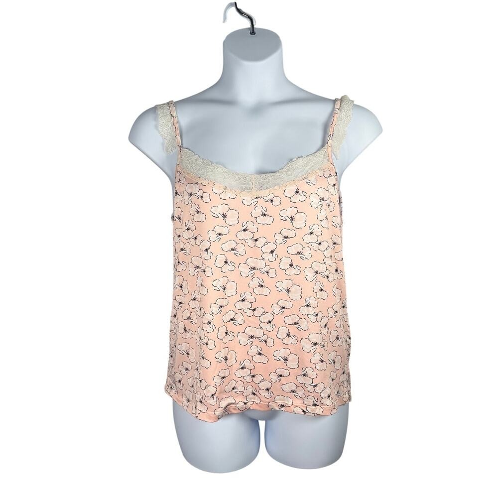 Nanette Lepore Tank‎ Top Womens Large Pink Floral Lace Trim Soft Knit Sleepwear